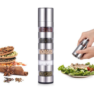 Travel Salt and Pepper Shakers Mini Salt and Pepper Grinder Set 5 in 1 Stainless Steel pepper Mill and Salt Shaker Set With Adjustable Coarseness for BBQ Camping Kitchen Travel RV