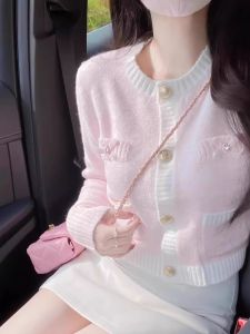 Stylish Classic Style Bows Variegated Fresh Sweet Autumn Small Long Sleeves Easiest for Match Knitting Cardigan Sweater