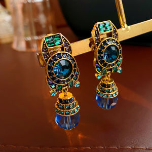 Blue Rhinestones Clip Earrings for Women Mediaeval Retro Luxury Geometric Crystal Ear Clips High-end Water Drop Dangle Earring M