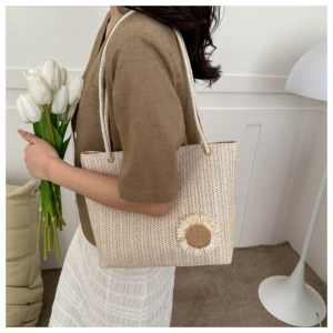 Knapbag Sunflower Woven Tote Bag Casual Straw Sunflower Woven Bag Solid Color Handbag Summer Beach Bag Large Capacity Handmade Shopping Tote Bag