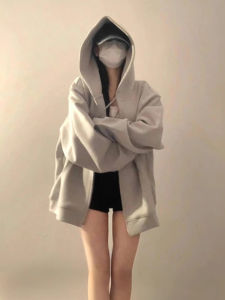 SHUQINGLAI | Gray Loose Hooded Open Cardigan Sweater