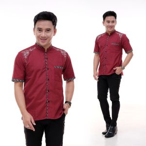 BAJU KOKO AZZAHIR LENGAN PENDEK MOTIF KOMBINASI BATIK BORDIR BAJU KEMKO FASHION MUSLIM