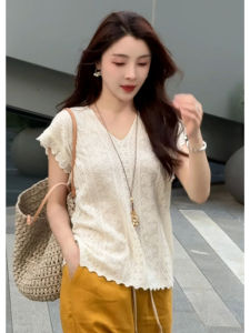 YUEZHONGWEI | เสื้อถักแขนสั้นผ้าไหมน้ำแข็งสีขาวสไตล์ฝรั่งเศส ทรงหลวม แขนกุด สำหรับผู้หญิงในฤดูร้อน เสื้อผ้าทำงานสไตล์เกาหลี