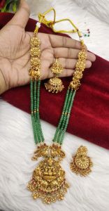 SG Ready stock -Aadi sale - storewide Matt Finish Beads Lakshmi pendant long Haram jewellery with Matching jumkas