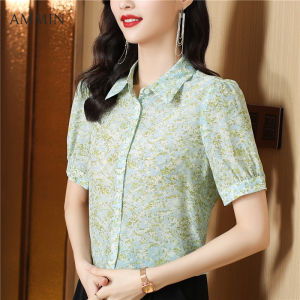 AMMIN เสื้อย้อนยุคแนวแฟชั่นมีปกแบบเรียบง่ายสำหรับฤดูร้อนเสื้อเบลาส์แขนสั้นลายดอกไม้ขนาดใหญ่พิเศษหวานสไตล์เกาหลี S-3XL เสื้อชีฟองพองแขนเสื้อหรูหราสำหรับคนเดินทาง