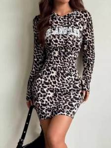 Leopard Print Hooded Bodycon Dress Fashionable Casual Dress Letter Knit
