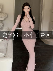 Slim Fit Long Sleeve V Neck Elastic Waist Dress for Short Women 150 XS Autumn Style High Waist Long Dress Fish Tail Skirt