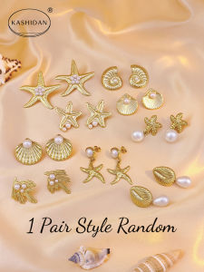 Vintage Style Sea Animal Stud Earrings Stainless Steel Gold Starfish Shell Shape Pearl Stud Earrings Hypoallergenic Jewelry