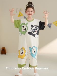 Miiow | Pure Cotton Cat Person Childrens Pajamas Short Sleeve Onesie Home Clothes For Girls Trendy Summer Outfit Indoor Outdoor Wear