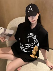 Summer Garfield Print Pure Cotton Fashion Brand Short Sleeve T-shirt Ins Easiest for Match Casual Western Style Womens Clothing Tops round Neck Half Sleeve