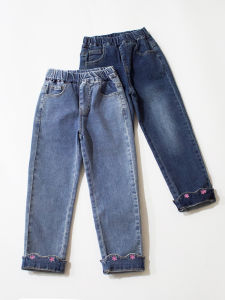 Spring Autumn Girls Jeans Long Pants Slim Fit Leg Shape Soft Elastic Cuff Small Flower 110-170 Code Childrens Casual Trousers