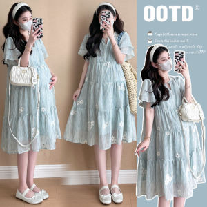 Maternity Dress Half-Placket Mid-Length Floral Mint Green Dress