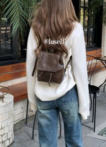 BM Same Supply American Brown Leather Pattern Small Backpack Retro Pu Soft Leather High Quality All-Matching Bag Drawstring Backpack