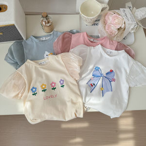 Girls Cotton T-Shirt Summer New Fashion Half Sleeve Bubble Sleeve Print Base 5 Korean Style Cartoon Print Sweat Absorbent Short Sleeve round Neck