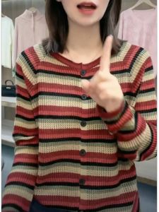 Elegant Striped Long Sleeve Knitwear Outerwear Slimming Versatile Open Cardigan for Middle-Aged Mothers Fashionable Womens Top