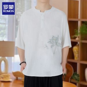 ROMON | Breathable Linen Chinese Style Embroidered Mens T-Shirt Short Sleeves
