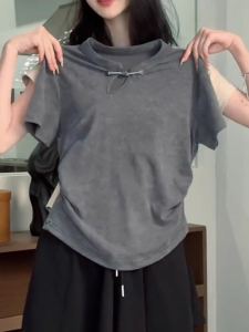 New Chinese Style Stand Collar Frog Button Short Sleeve T-shirt Female Summer Stylish All-Matching Graceful Silm Slimming Top