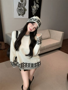 GUZILIAN | Unique French Vintage Lazy Diamond Knitted Loose Sweater Long Sleeve Womens Design Winter Comfortable Breathable Fashion Top