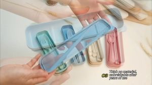 3in1 Cutlery Set Wheat Spoon Fork Chopsticks with Organizer Box Reusable Tableware / Set Peralatan Makanan