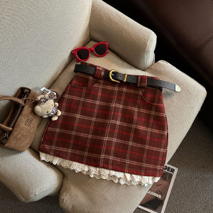 GUZILIAN | High Waist A-Line Mini Skirt With Lace And Plaid Splicing Slimming Womens Casual Style Knitted Half-length Skirt