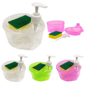Soap Dispenser and Scrubber Holder with Sponge 2 in 1 Practical Kitchen Dishwasher Pump Dispenser Press for Home