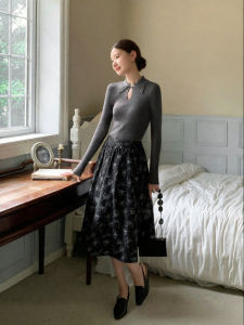 XXNING | Vintage Chinese Print Pleated A-line Skirt