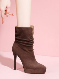 รองเท้าบูทสั้นหนังแท้กันน้ำส้นสูงหัวเข็มขัดสุดหรูสำหรับผู้หญิง ฤดูหนาว 2025 รองเท้าบูทสั้นหนังนิ่มสีเทาอ่อน