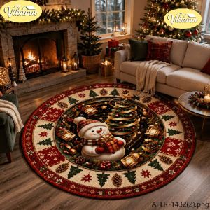 VIKAMA Christmas Round Rug Snowman Tree Gifts Ornaments Area Rug Living Room Holiday Home Decor Aesthetic Art Large Premium Cute