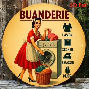 Vintage French Aluminum Round Laundry Sign 20.32cm Metal Wall Art for Home Kitchen Bathroom Bedroom Living Room Shop