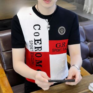 HENGYUANXIANG | Hengyuanxiang Knitted Ice Silk Short Sleeve T-Shirt Mens New 2025 Round Neck Splice Color Knitwear Summer Fashion City Style