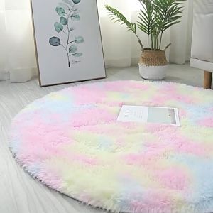 Nicole [In Stock] 60/120/200CM Rainbow Round Fluffy Carpet Super Soft Tie Dye Plush Carpet m Anti-slip Bedroom Living Room Floor Mat Carpet Home Decor Rugs