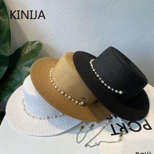 Summer Elegant Pearl Chain Flat Sun Hats for Women Chapeau Feminino Straw Hat Panama Wide Brim Anti-UV Beach Cap Girl Hat Gift