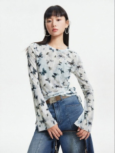 Vero Moda | High Street Trendy Long Sleeve Mesh T-Shirt with Cord and Butterfly Pattern