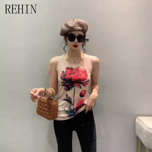 REHIN Womens T-shirt Sleeveless Knit Vest with Breathable Skin-Friendly Fabric and Unique Print Pattern Slim fit S-3XL PLUS size for Summer Fashion Tops