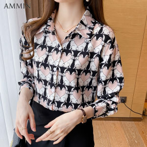 เสื้อชีฟองลายพิมพ์แขนยาวรูปสัตว์สำหรับผู้หญิงที่มี MODE Korea พิมพ์ลายเพ็บลั่มทรงหลวม2023ฤดูใบไม้ร่วง