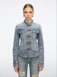 Short Stand Collar Vintage Snap-Button Chinese Style Jeans Shirt