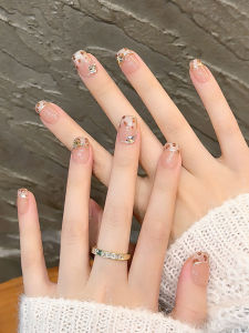 Leopard Cats Eye Hand-Worn Nail 2024 New Year Rhinestone French Fall and Winter Manicure Short Nude Nail Patch