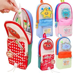 Dopamine Colorful Patchwork Pencil Case / Vertical Large Capacity Stationery Bag / Cute Cartoon Backpack Design Pouch / Practical Storage Supplies for Students Daily Use