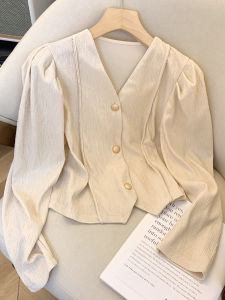 Elegant French V-neck Padded Shoulder Bubble Sleeve Shirt: Spring New Short Top Quality Silk Korean Style