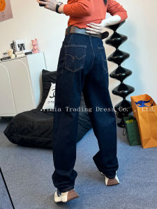 Deep Blue Retro High Waist Knife Fork Womens Jeans Loose Slim Fit Wide Leg Harlan Casual Long Trousers Autumn Stylish Pants