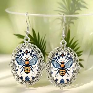 Bohemian Oval Glass Earrings with Vibrant Blue Flowers and Bees Insect Themed Silver Plated Jewelry