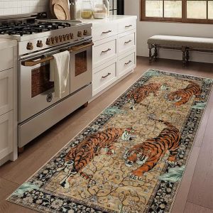 VIKAMA Retro Tiger Pattern Floor Mat Non Slip Washable Carpet Bohemian Style Carpet Living Room Bedroom Kitchen Home Decoration
