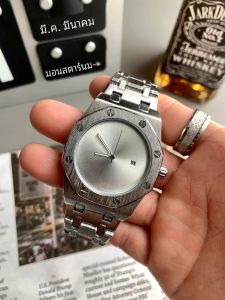 นาฬิกาข้อมือชาย ทรงสี่เหลี่ยม สายโลหะ สายนาฬิกาควอตซ์ สไตล์เรียบง่าย เวอร์ชั่นสแตนเลสสีเงิน พร้อมปฏิทิน