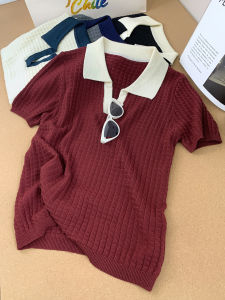 AMILUCK | Slimming Knitted Short Sleeve T-Shirt Womens Polo Collar V-neck Korean Style New Arrival Autumn Fashionable Splice Top