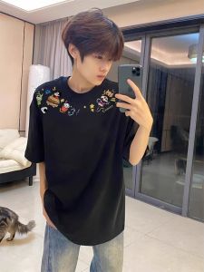 American Style Cotton T-Shirt Mens Short Sleeve Half Sleeve Black Casual Breathable Sweat Absorbent Wear Resistant Top