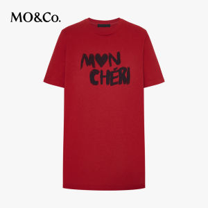 MO&Co. | Short Sleeve Lightweight Cotton T-Shirt with Snow Yarn Texture Round Neck Loose Fit Slogan Print