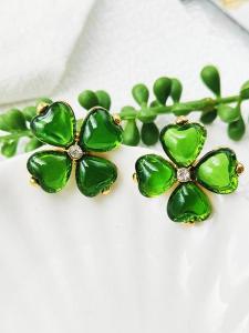 Retro Chinese Green Heart Murano Glass Silver Needle Cute Fashion Accessory Earrings Korean Style Alloy Embedded Artificial Gemstone
