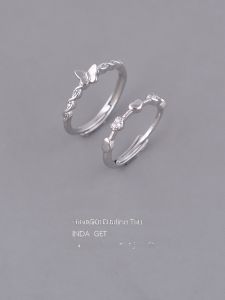 Pair of Pure Silver Butterfly Heart Shaped Open Rings for Women Engraved Personalized Design Korean Style Fashion Jewelry