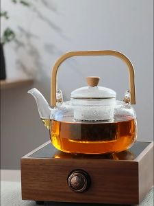 Teko Teh Kaca Gaya Jepang dengan Gagang Kayu Tahan Panas 1000ml