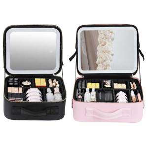 MOJOYCE Travel Makeup Bag with LED Mirror and Multiple Compartments Large Capacity Cosmetic Case for Women Lightweight Pink